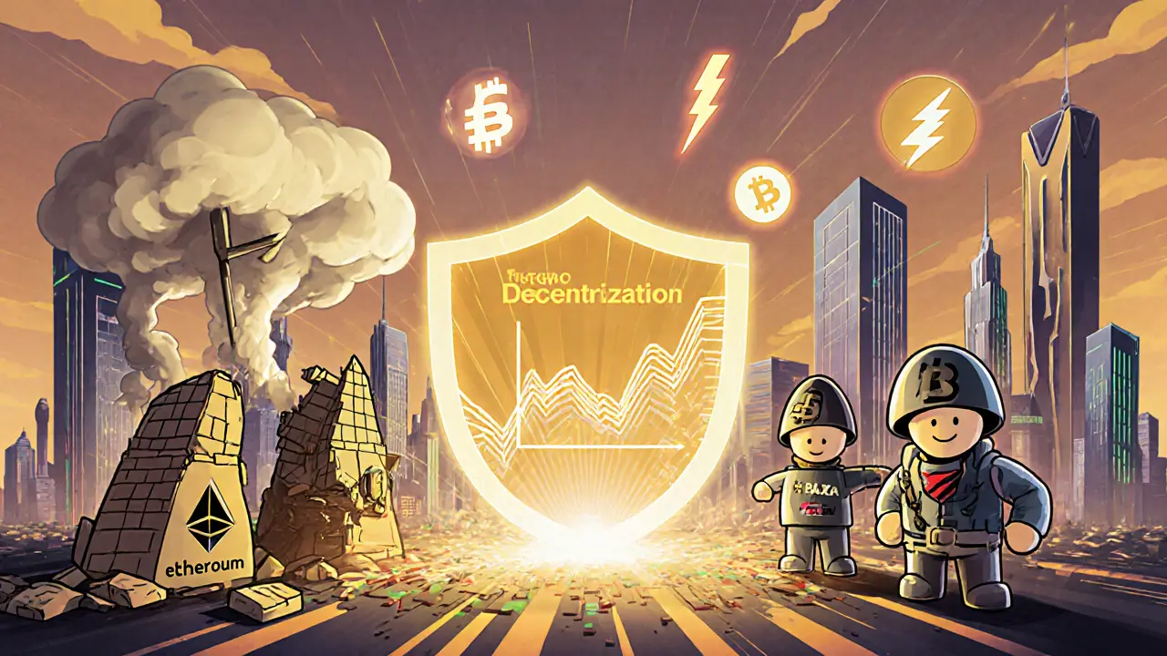 Cityscape of attacked chains protected by a shield, with guardians monitoring hash‑rate and new consensus symbols.