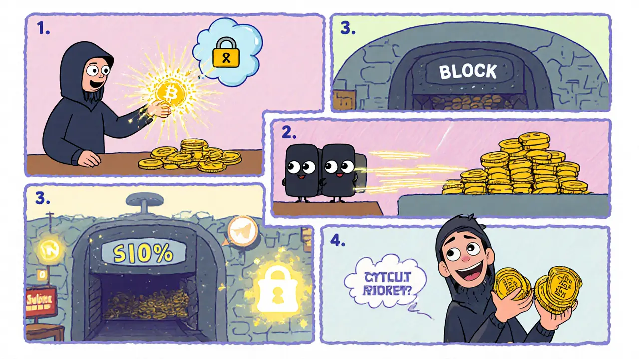 Storyboard of five panels illustrating a double‑spend using a 51% attack from payment to cash out.