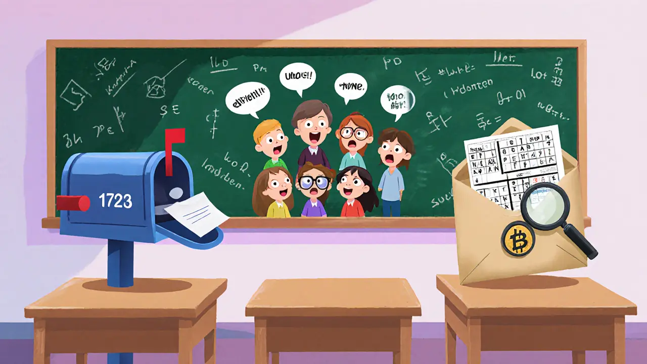 Cartoon classroom with stealth mailbox, shouting characters, and sealed Sudoku envelope.