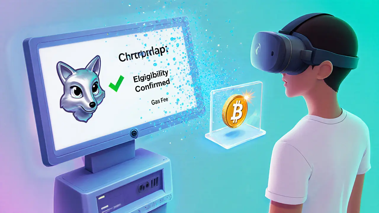 Cartoon illustration of a smart contract scanning a wallet and showing claim eligibility with a green check.
