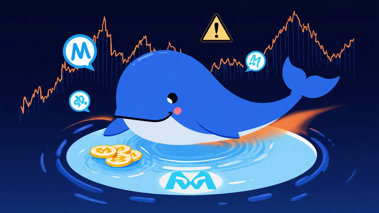 Cartoon whale holding coins over a shallow pool with warning bubbles.