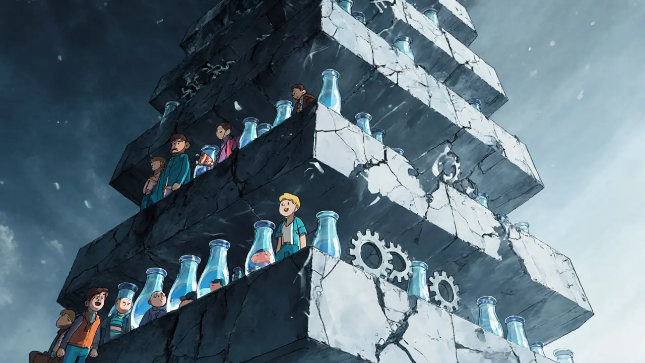Cracked exchange tower half full of empty liquidity pools and broken smart‑contract gears.