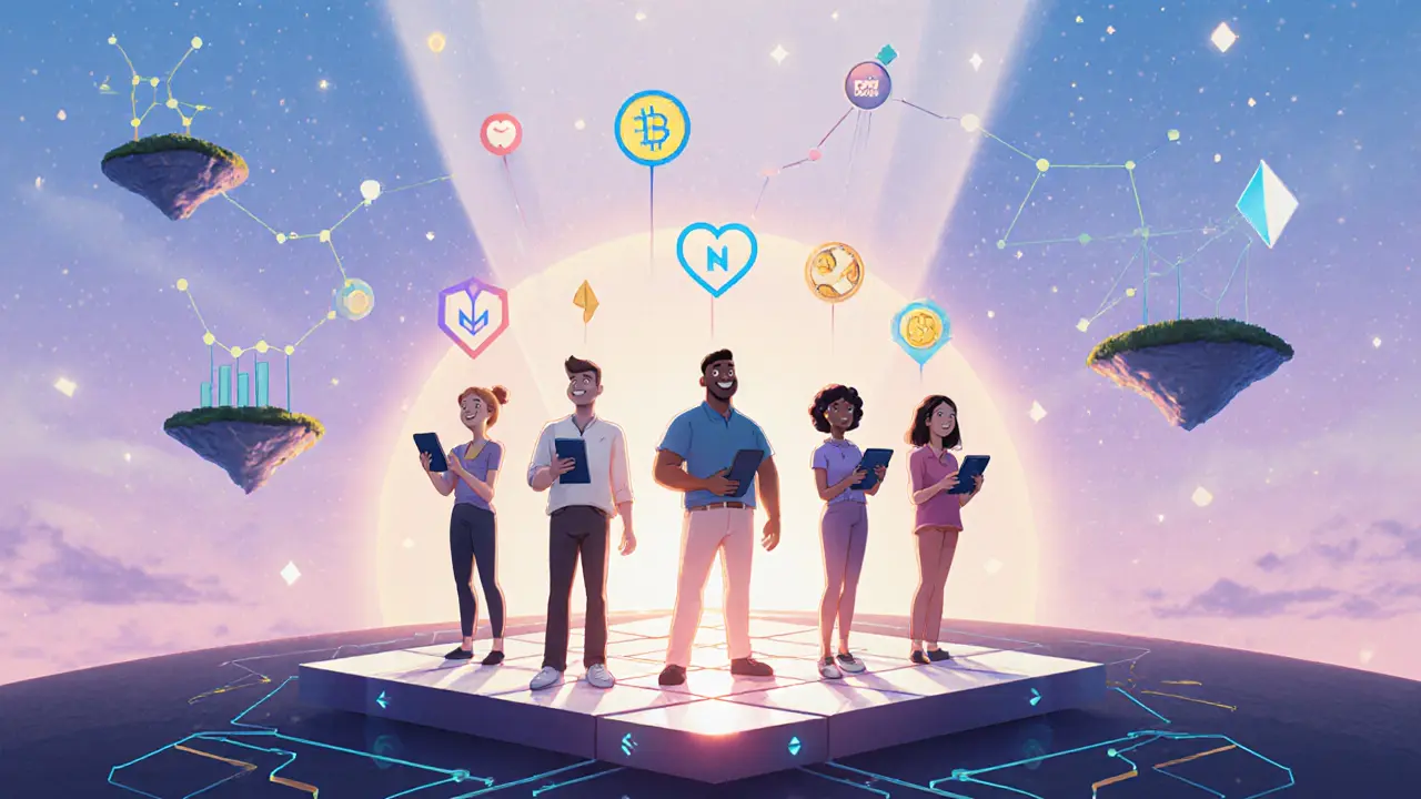 Creators on a launchpad sending micro‑transaction icons into a sky of rising graphs and creator‑coins.