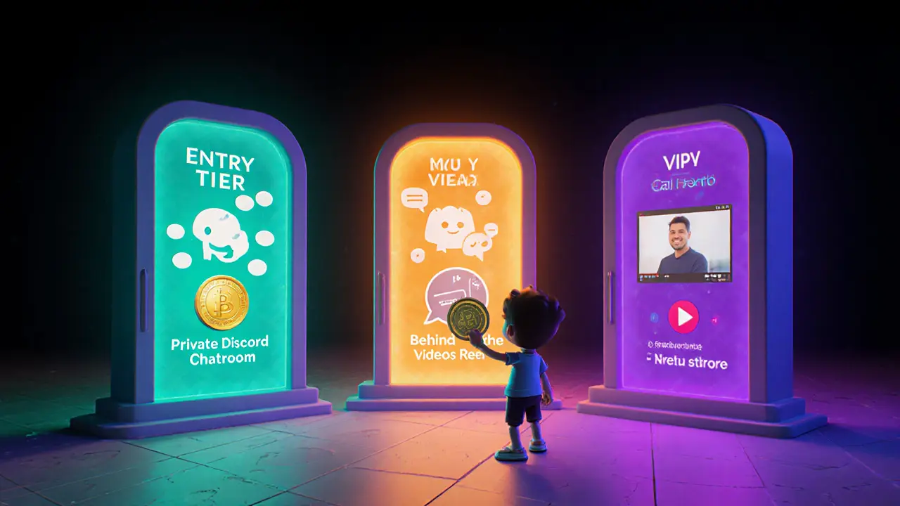 Fan holding token badge before three glowing portals for tiered rewards.