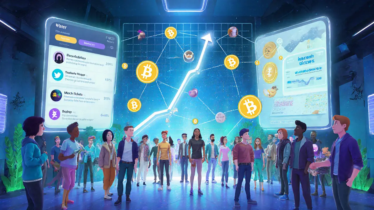 Futuristic hub with creator avatars, fans, and floating token symbols.