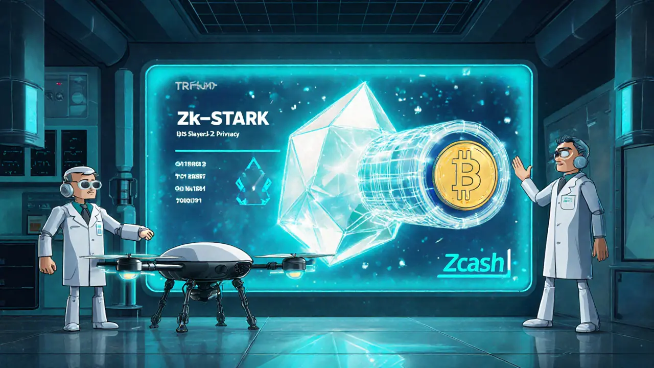 Futuristic lab with holographic zk‑STARK crystal and layer‑2 privacy tunnel.