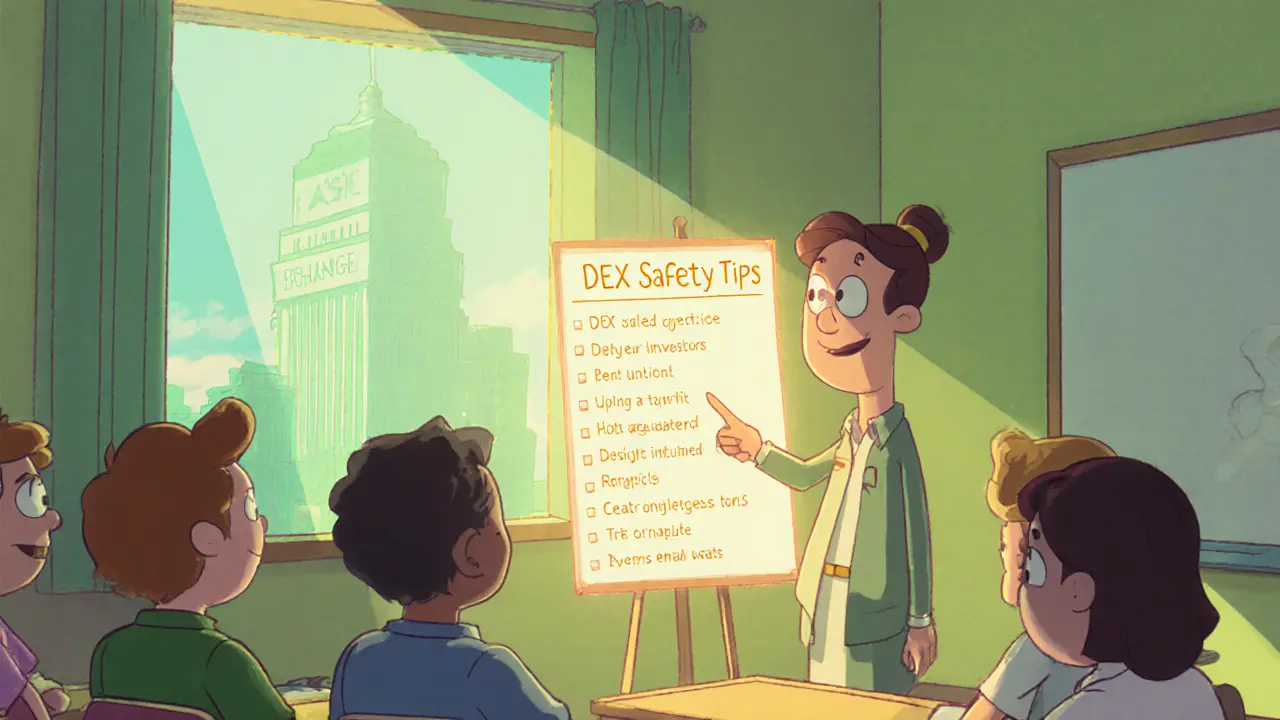 Mentor teaches DEX safety tips to cartoon investors with a fading Oasis Exchange backdrop.