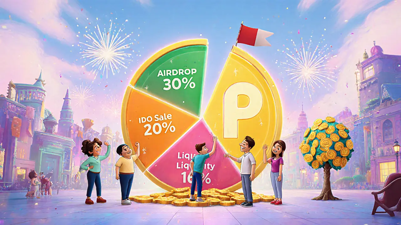 Pixar cartoon of characters celebrating CPO token distribution and staking under festive fireworks.