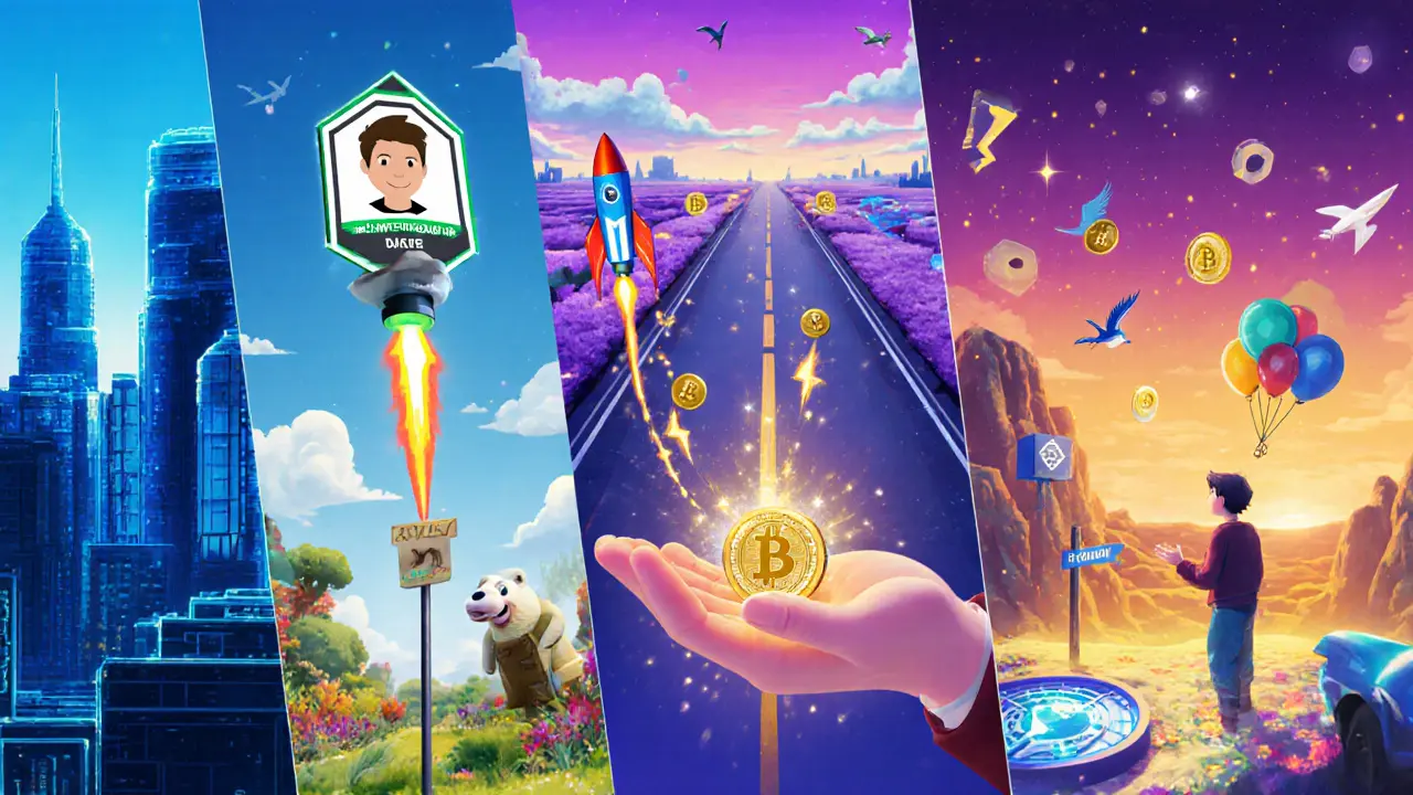 Split-screen showing five platforms: Lens, Farcaster, Mastodon, Bluesky, Diamond App with token actions.