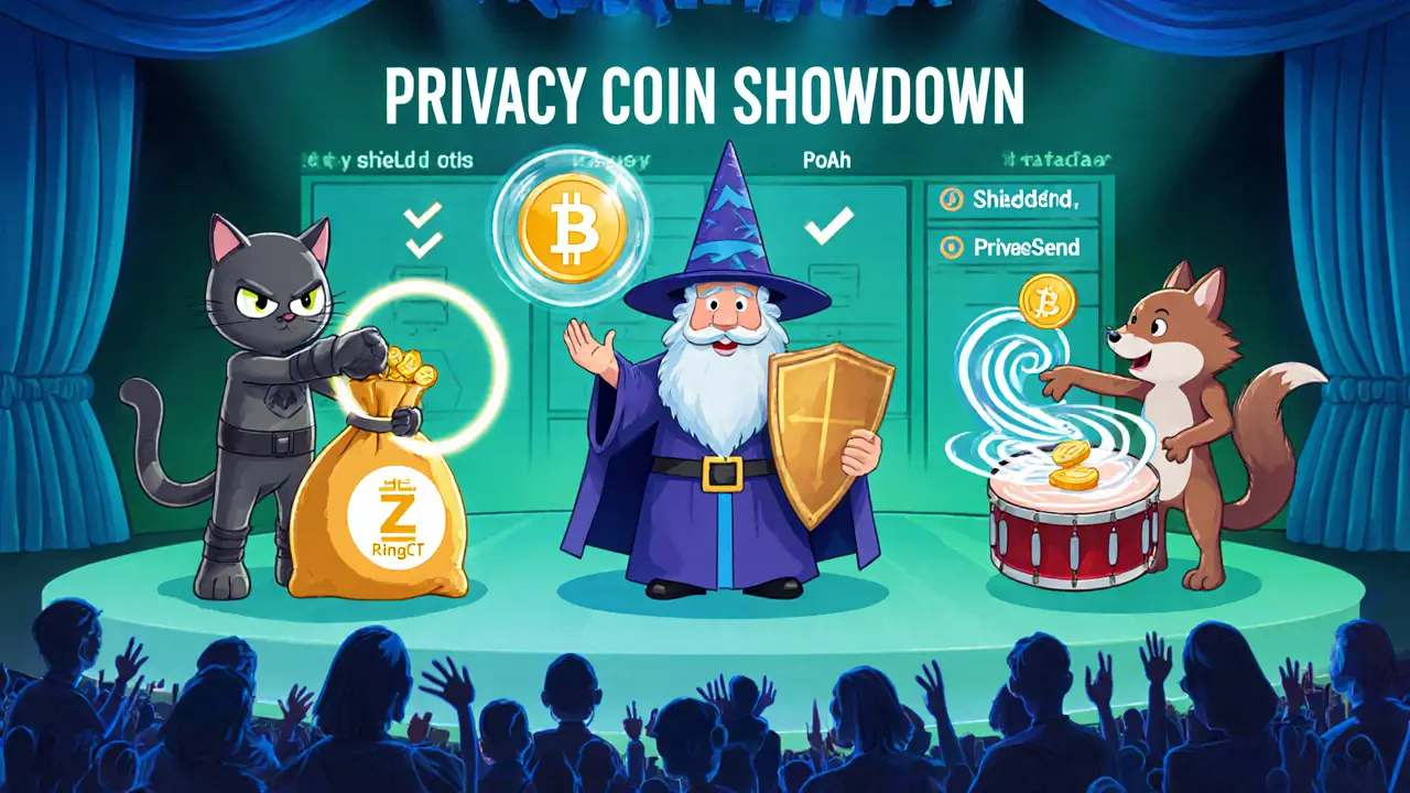 Three mascot coins—Monero ninja, Zcash wizard, Dash raccoon—on a stage with comparison icons.