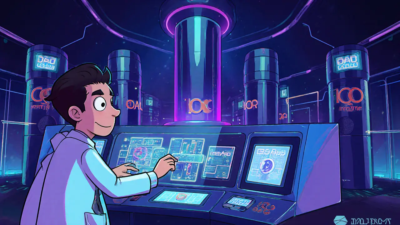 Cartoon engineer in a futuristic control room showing DAO tools, AI integration, and cross‑DApp links on ICP.