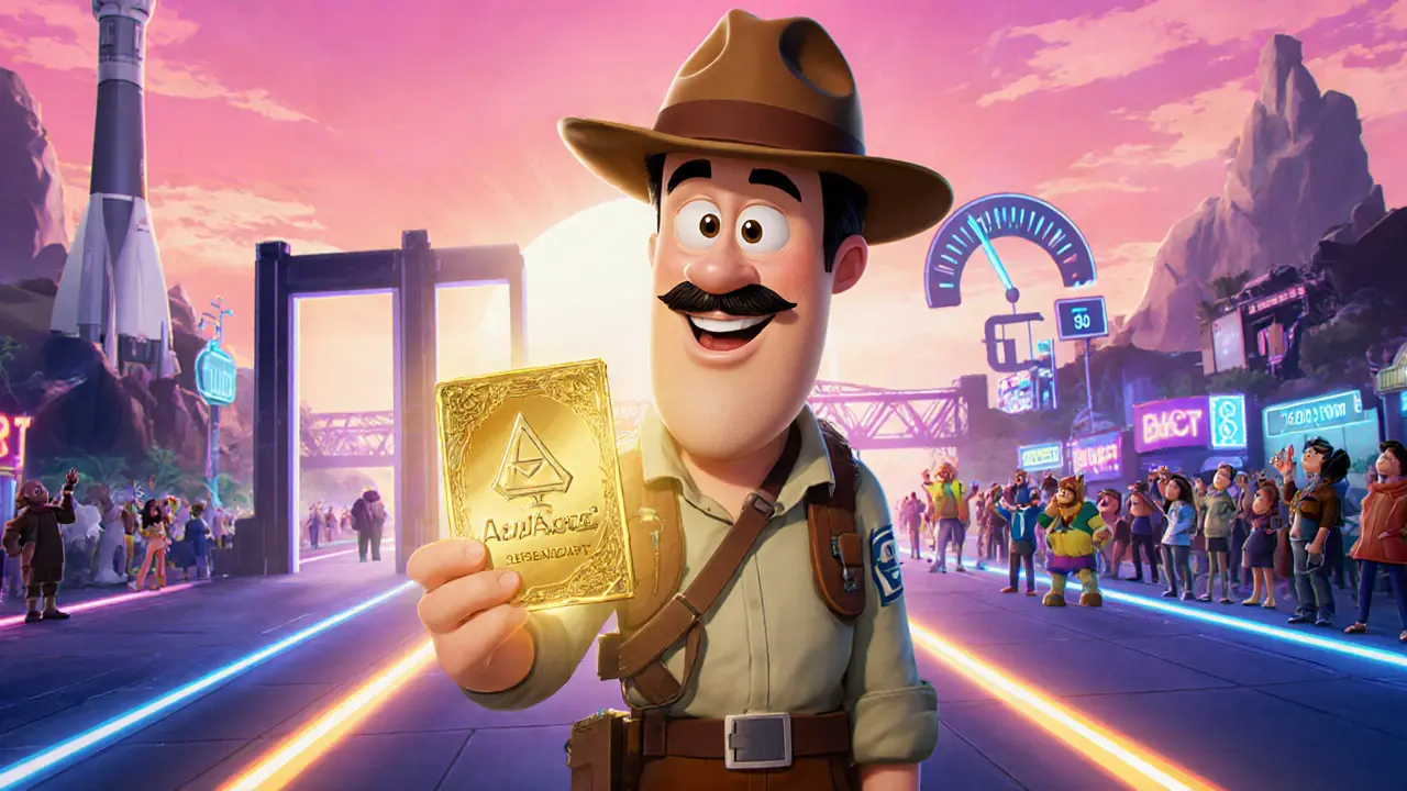 Cheerful character holding a golden NFT at a futuristic launchpad.