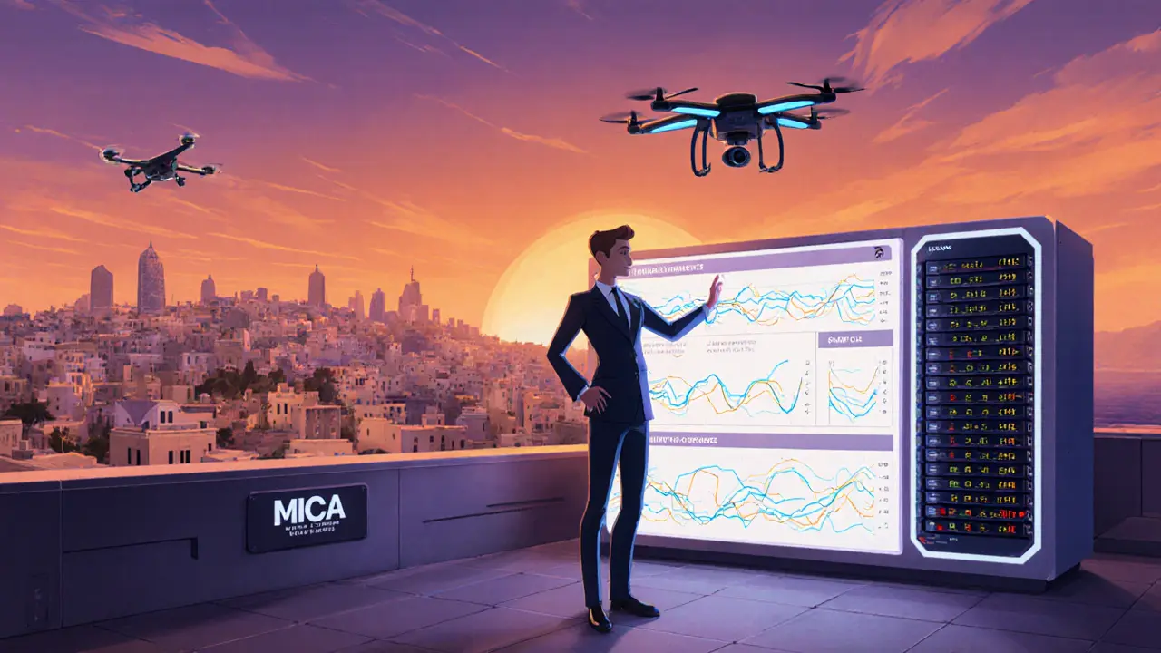 Compliance officer in a rooftop lab monitoring glowing transaction data streams.