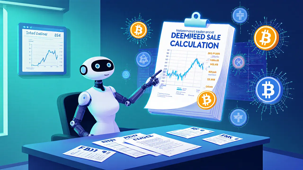 Robot assistant explains crypto deemed‑sale calculation with forms and charts.