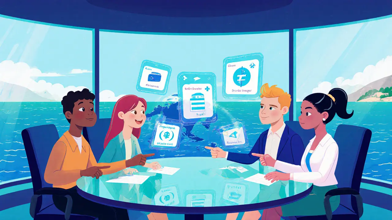 Team reviewing floating holographic cards for different crypto license classes.