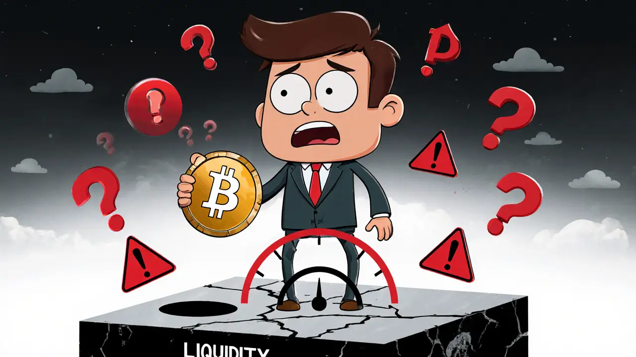 Worried cartoon investor next to a floating DOLR token, surrounded by red warning signs.