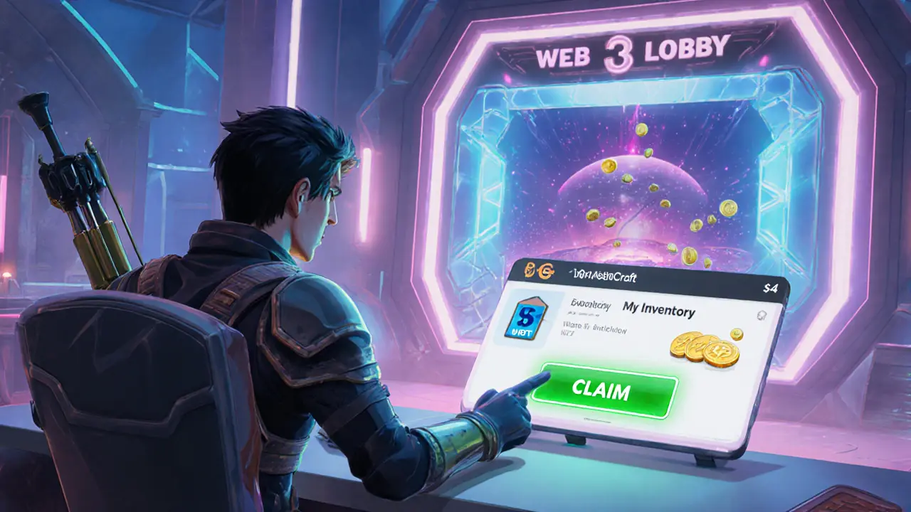 Archer claims a Genesis NFT and $MCRT tokens on a vibrant app portal, portal door opens.
