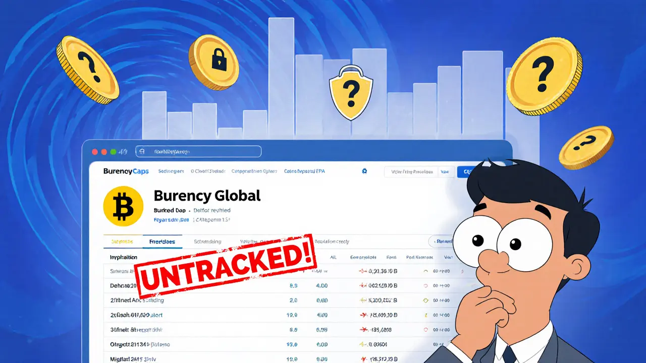 Cartoon trader sees Burency Global listed as untracked on CoinMarketCap with missing volume chart.