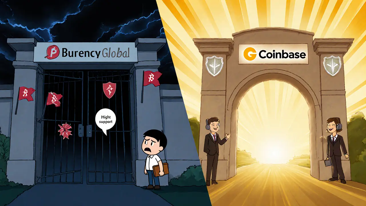 Character chooses between risky Burency Global gate and bright, secure exchange archway.