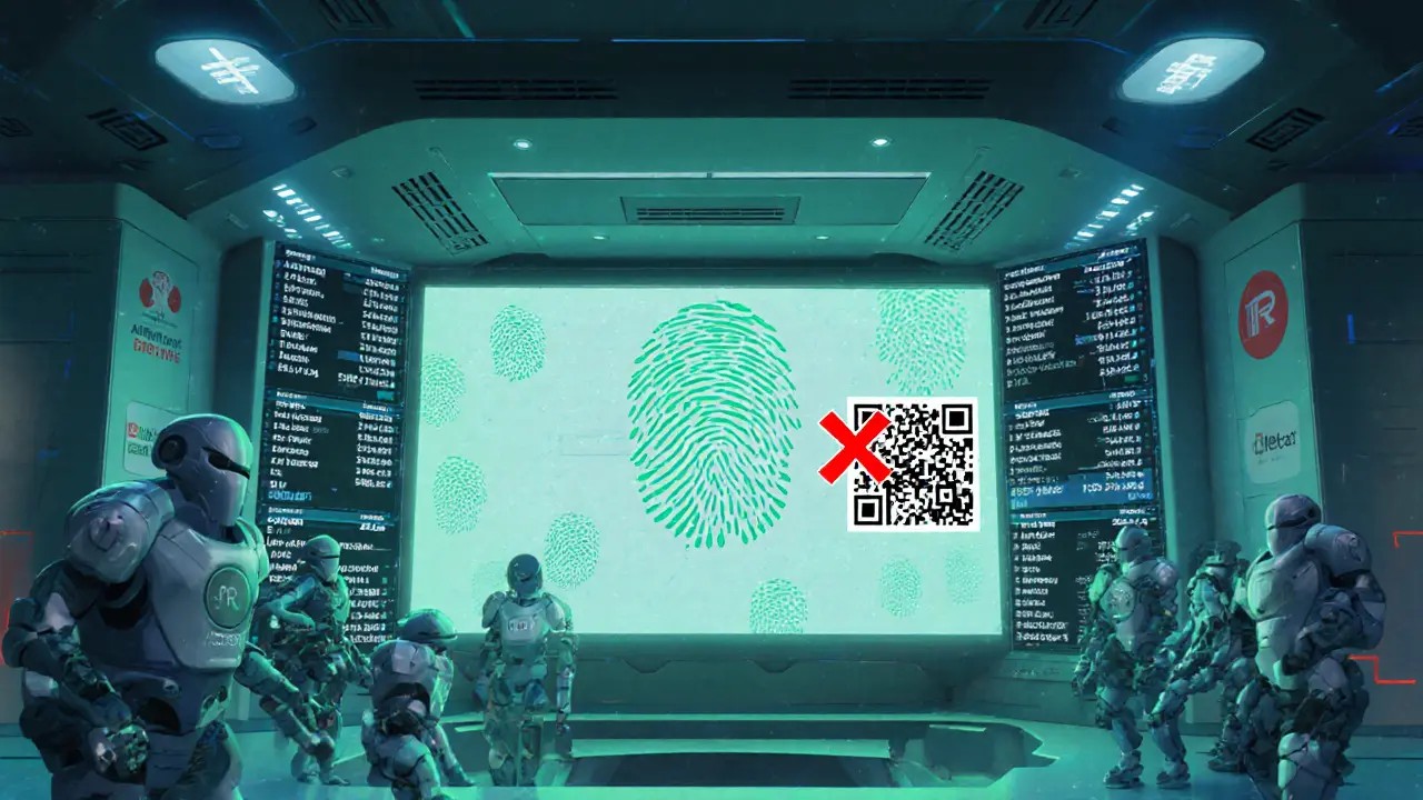 Futuristic control room with holographic screens showing AI detection stopping crypto QR codes.