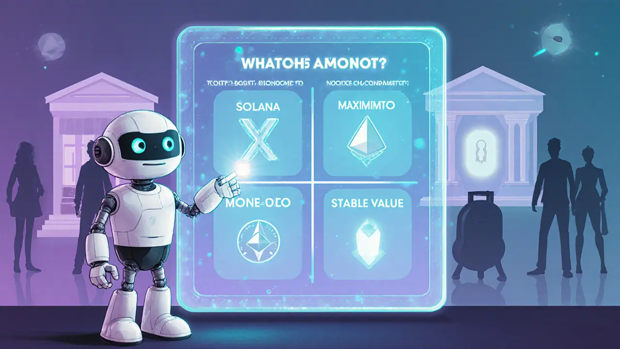 Robot guide presenting a decision matrix of Solana, XRP, Monero, and USDC options, Pixar illustration.