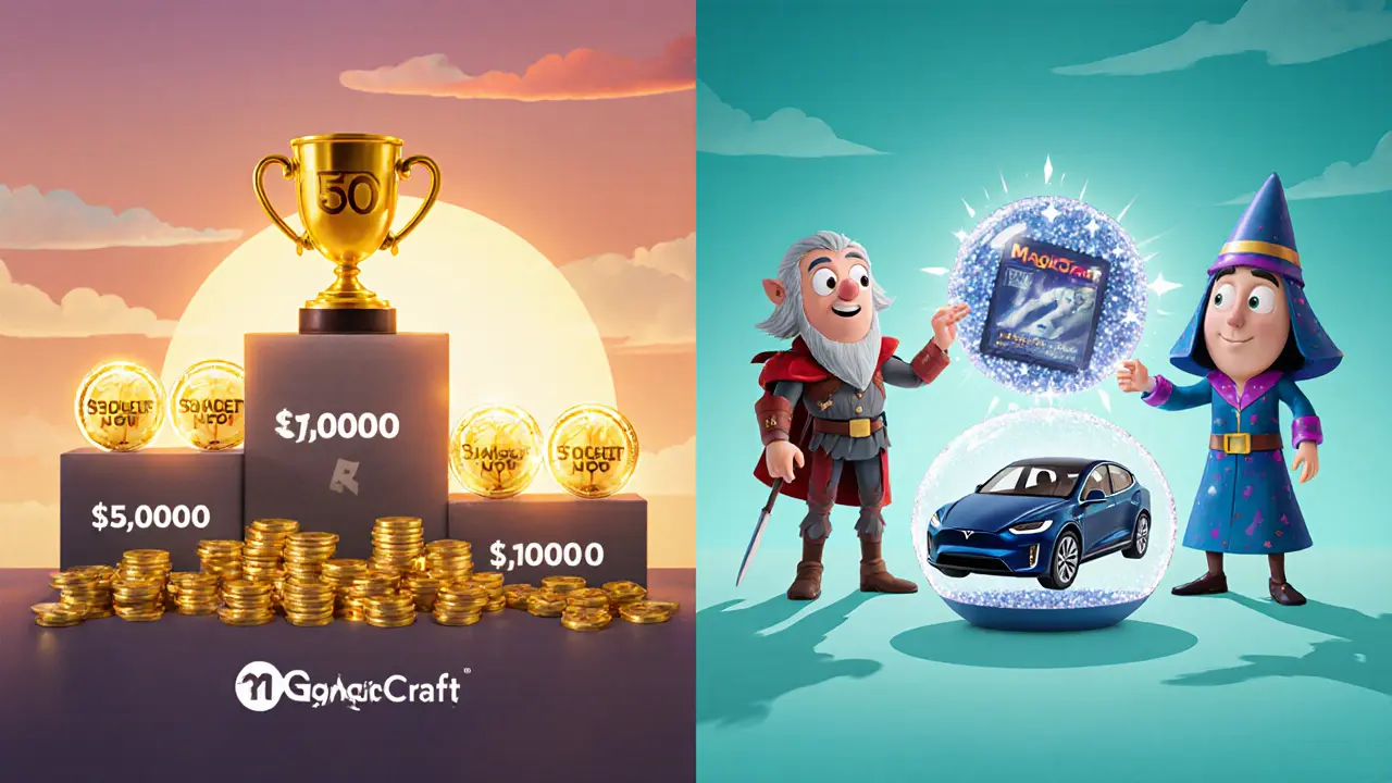 Split‑screen Pixar illustration comparing Campaign A tokens and Campaign B Tesla‑prize NFT.
