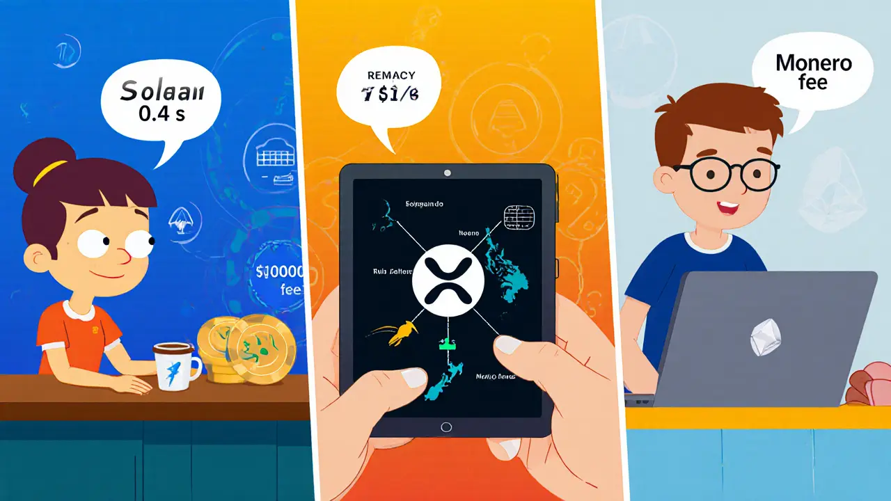 Three panels showing Solana fast coffee payment, XRP cross‑border transfer, and Monero private purchase, cartoon style.