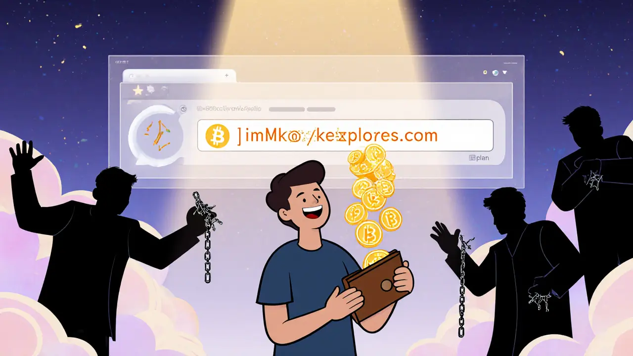 A happy user watches IMM tokens appear in a secure wallet as scam shadows recede.