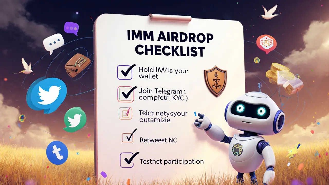 A Pixar‑style robot checks off a crypto airdrop task list with wallet and social icons.