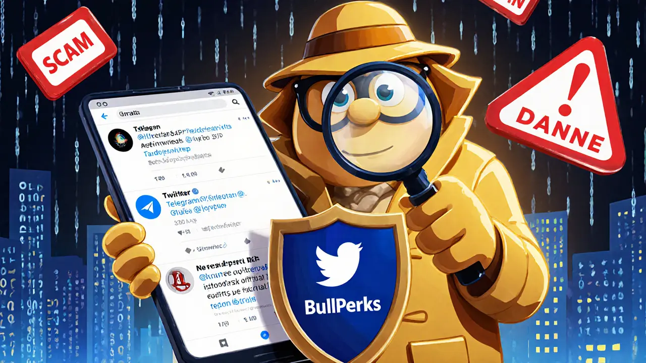 Detective mascot examines phone for legit BLP airdrop, warning about scams.