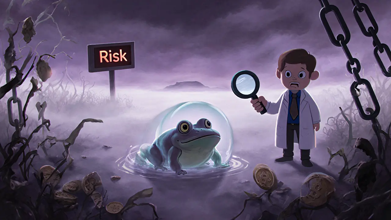 Fading toad drifting into mist with a analyst holding a magnifying glass and a warning sign.