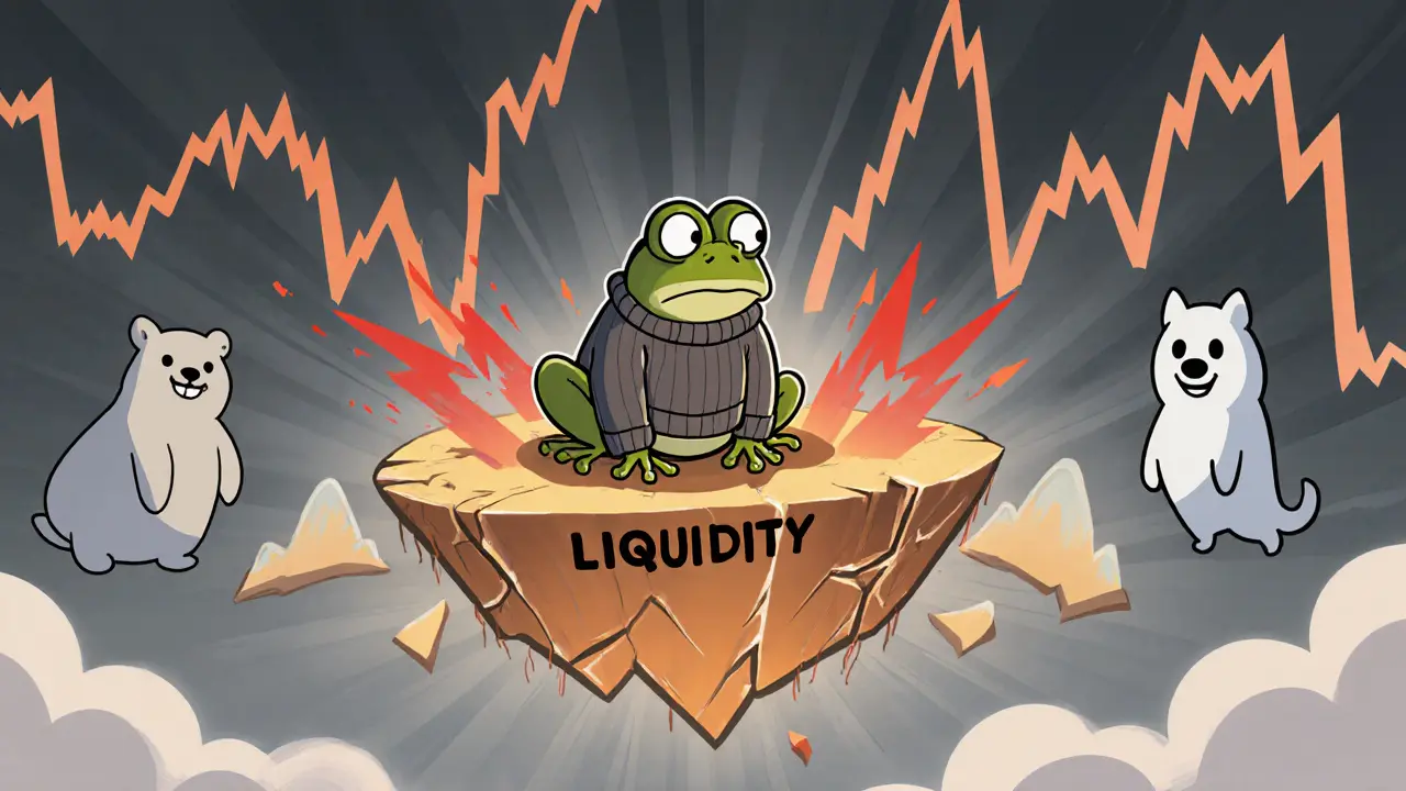Nervous toad on a tiny island labeled "Liquidity" amid jagged price charts and larger meme coins.