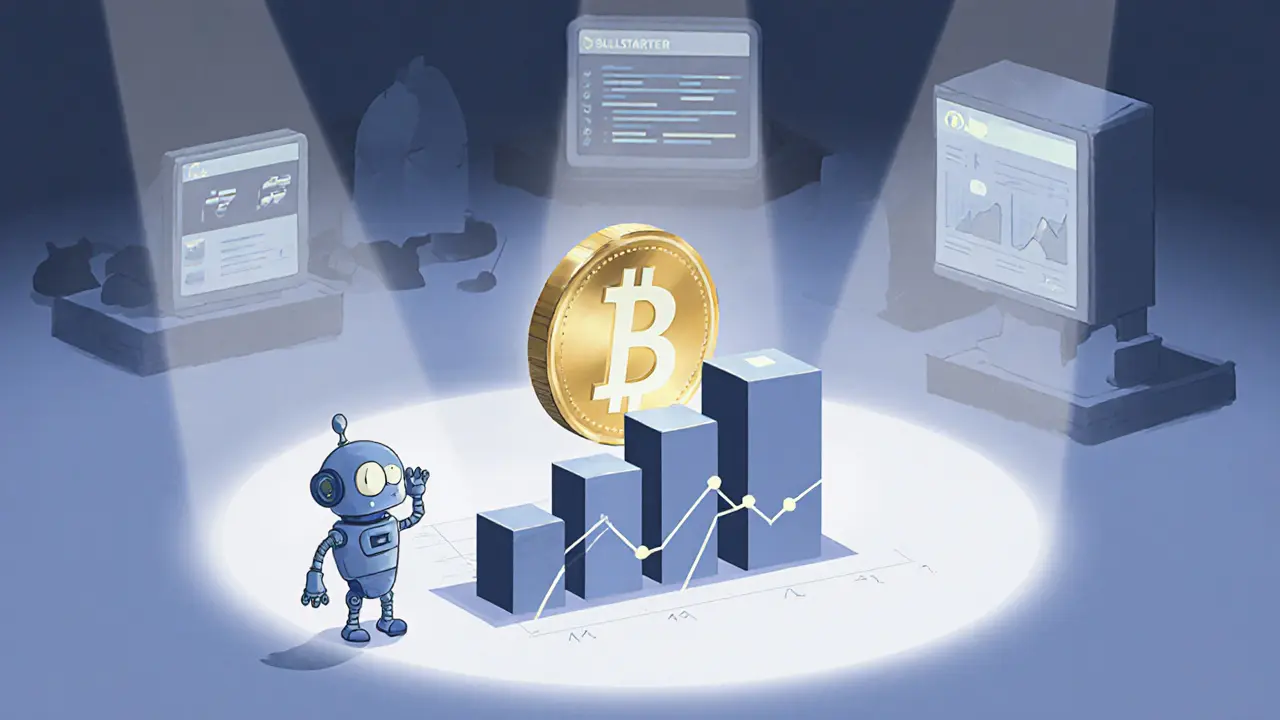 Tiny BLP coin on a flat chart beside a puzzled robot investor.