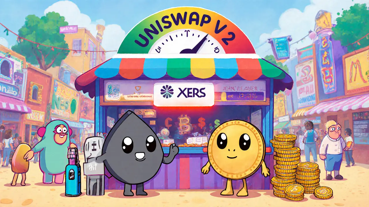 Cartoon characters swapping ETH for XERS at a Uniswap V2 kiosk with gas fee meter.