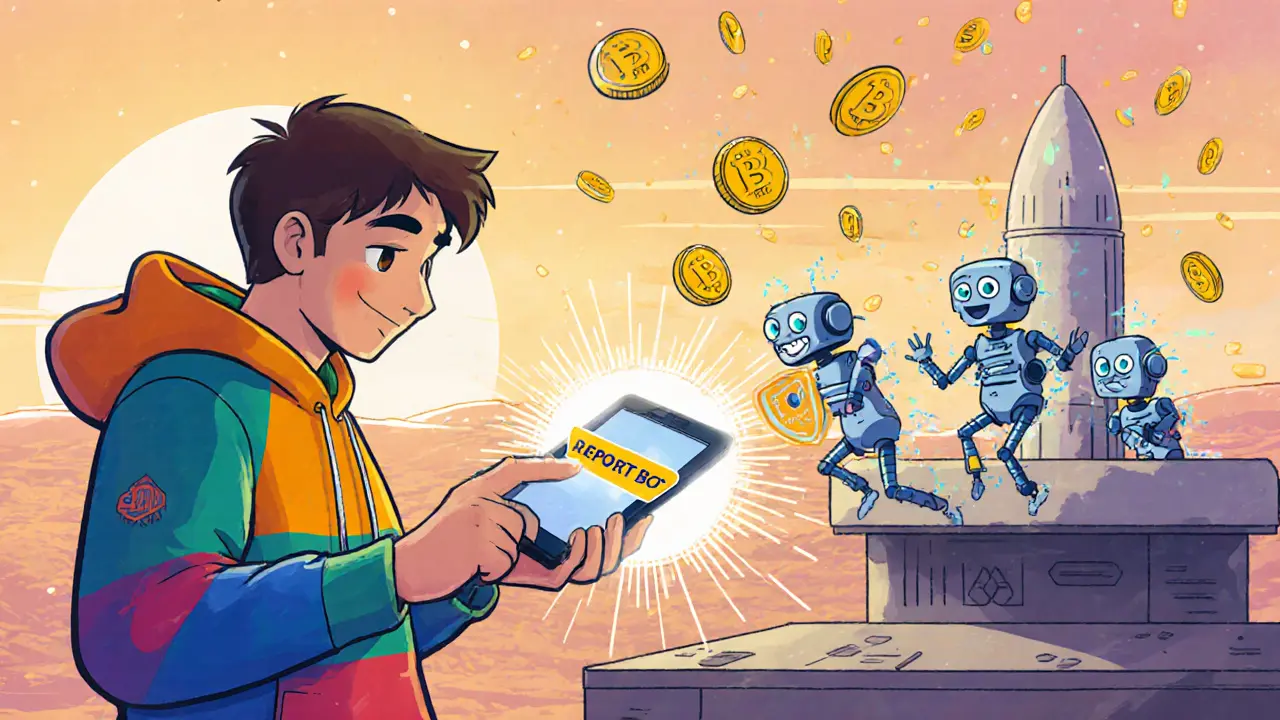 Cartoon explorer reports bots, shield blocks them, APAD tokens rain down in a Pixar style scene.