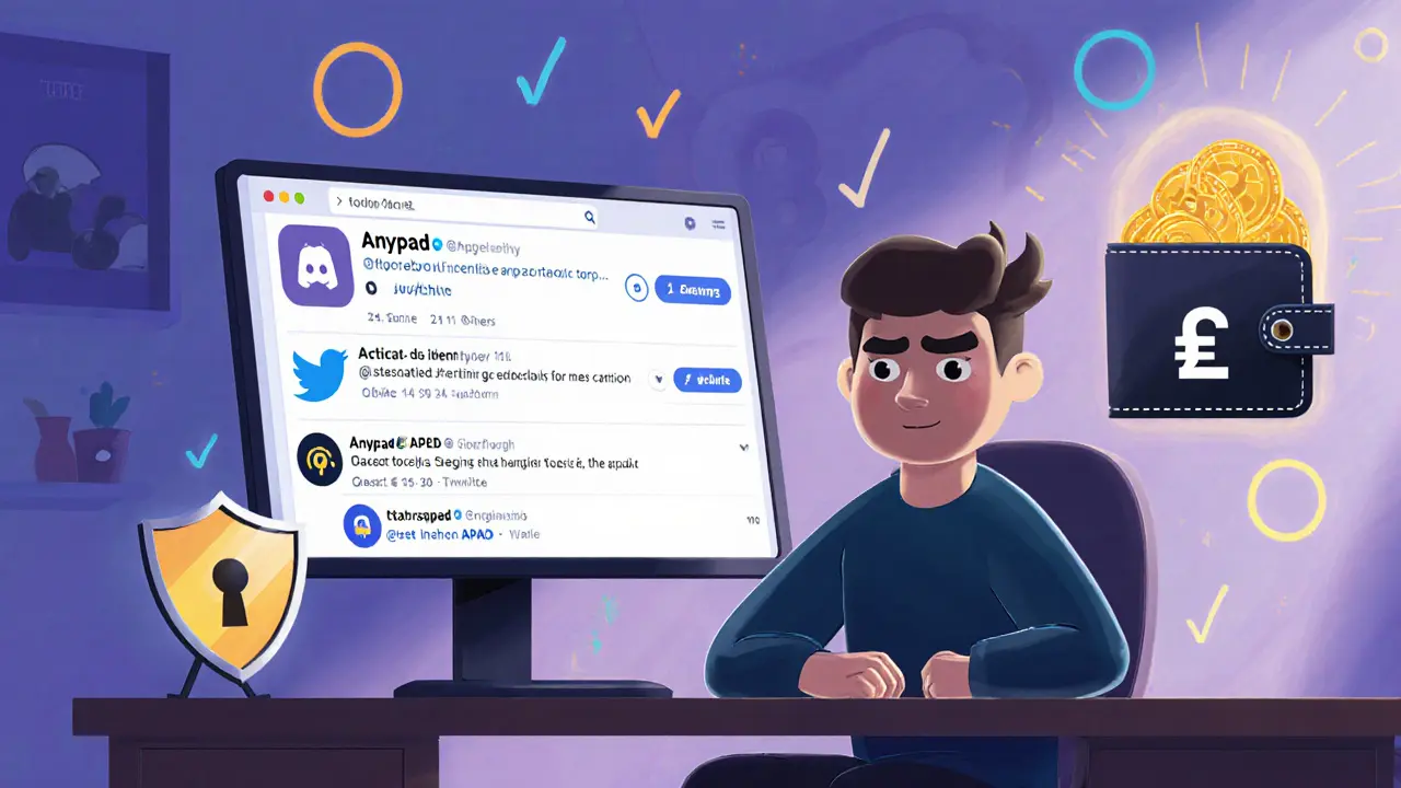 Cozy office with user checking Discord, wallet and safety icons before claiming an airdrop, Pixar style.