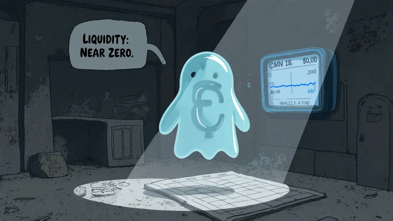 Ghostly CND token hovers over an empty exchange floor, showing flat price chart and low liquidity.