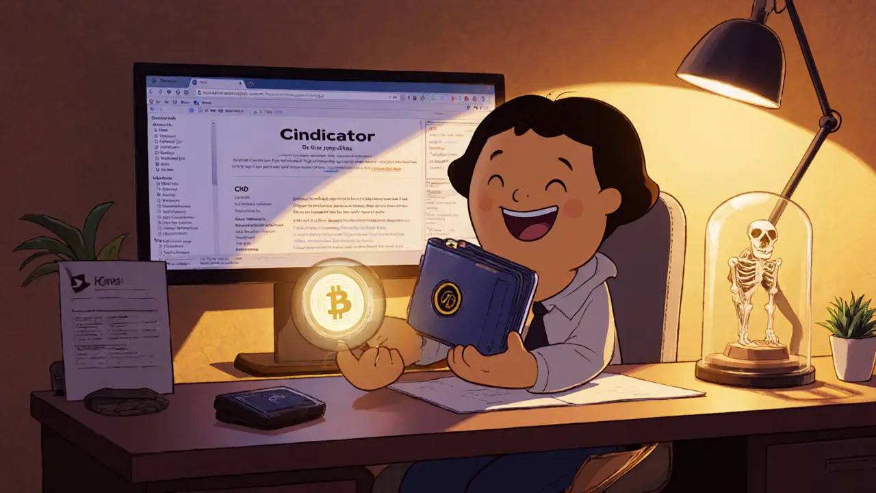 Person stores a CND token in a hardware wallet at home, with a broken Cindicator website on screen.