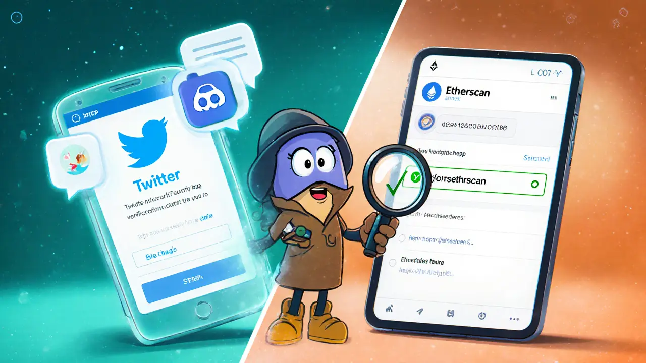 Split view of a phone with Twitter and Discord icons and a tablet showing Etherscan contract info.