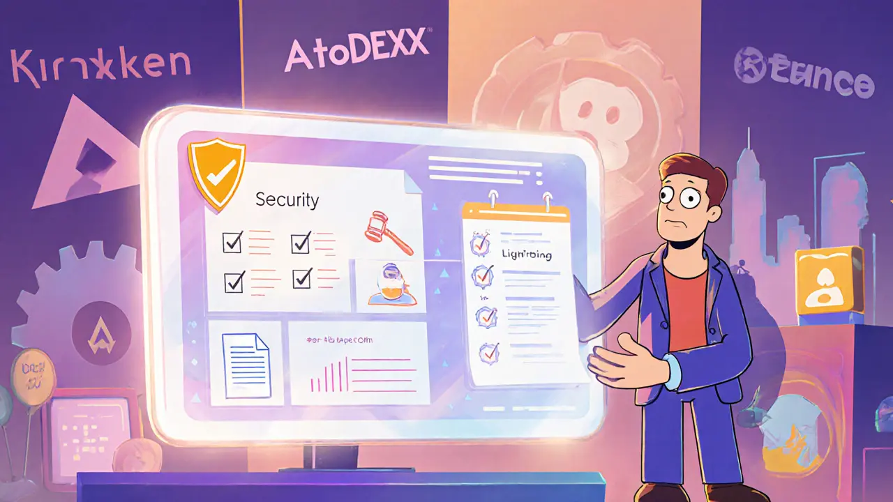 Tech character checks a holographic list of security, licensing, and fee icons with exchange silhouettes.