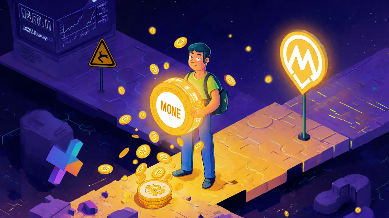 User holding a glowing crypto wallet with MONE tokens and gas‑fee icons.