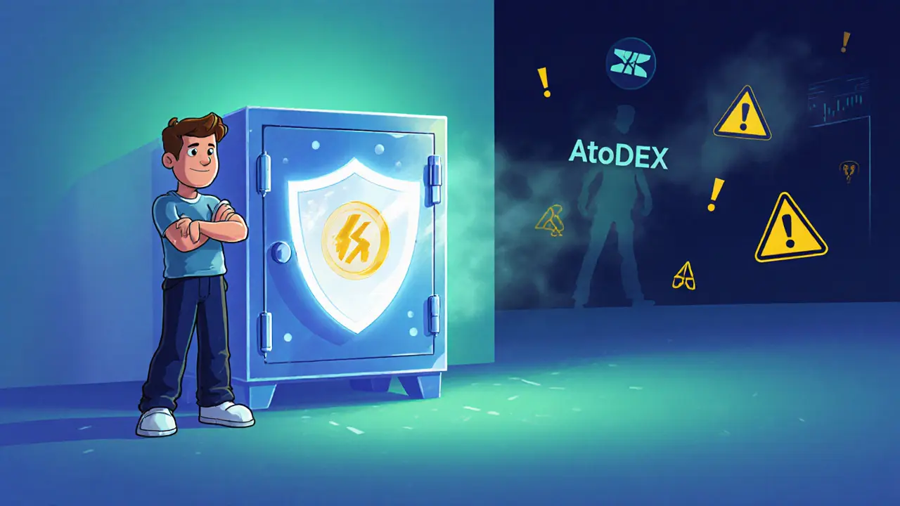 User protects assets beside a glowing vault, while a faint AtoDEX logo fades in the background.