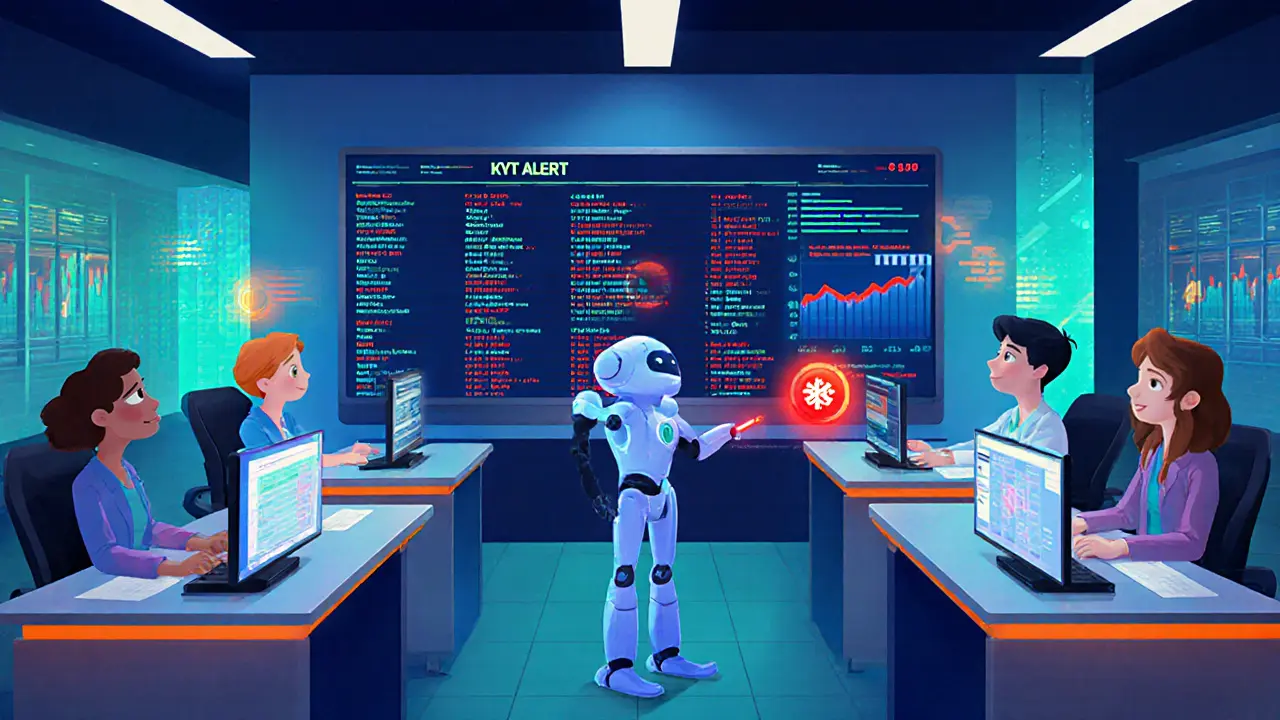 Animated bank office analysts monitor blockchain alerts on holographic screens.