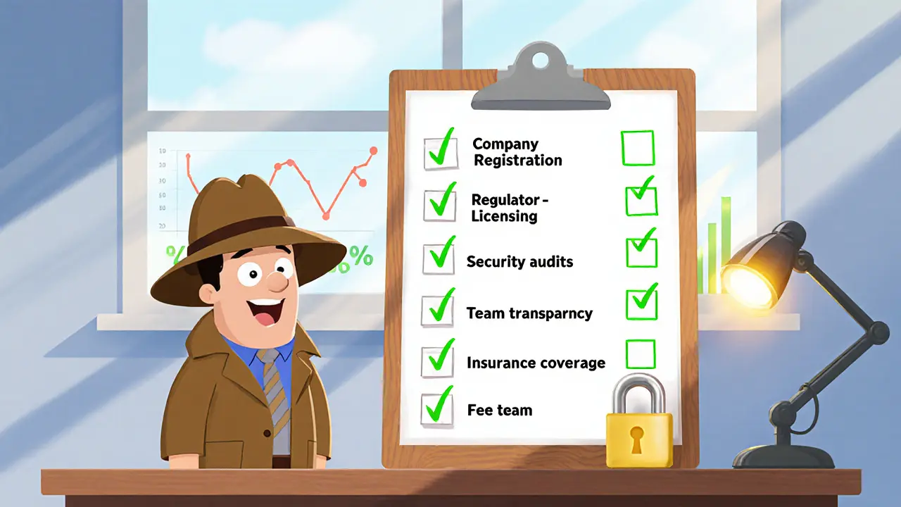 Animated detective character checks off a crypto exchange verification checklist.