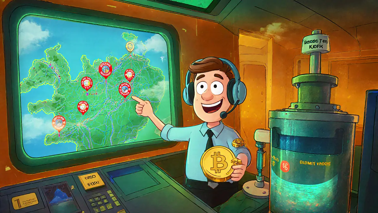 Cartoon control room showing grid map, mining farm caps, and a hydro reservoir with demand‑response valve.