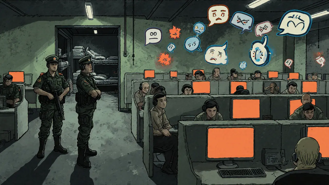 Crowded scam compound with workers at computers, armed guards, and cramped dormitory area.