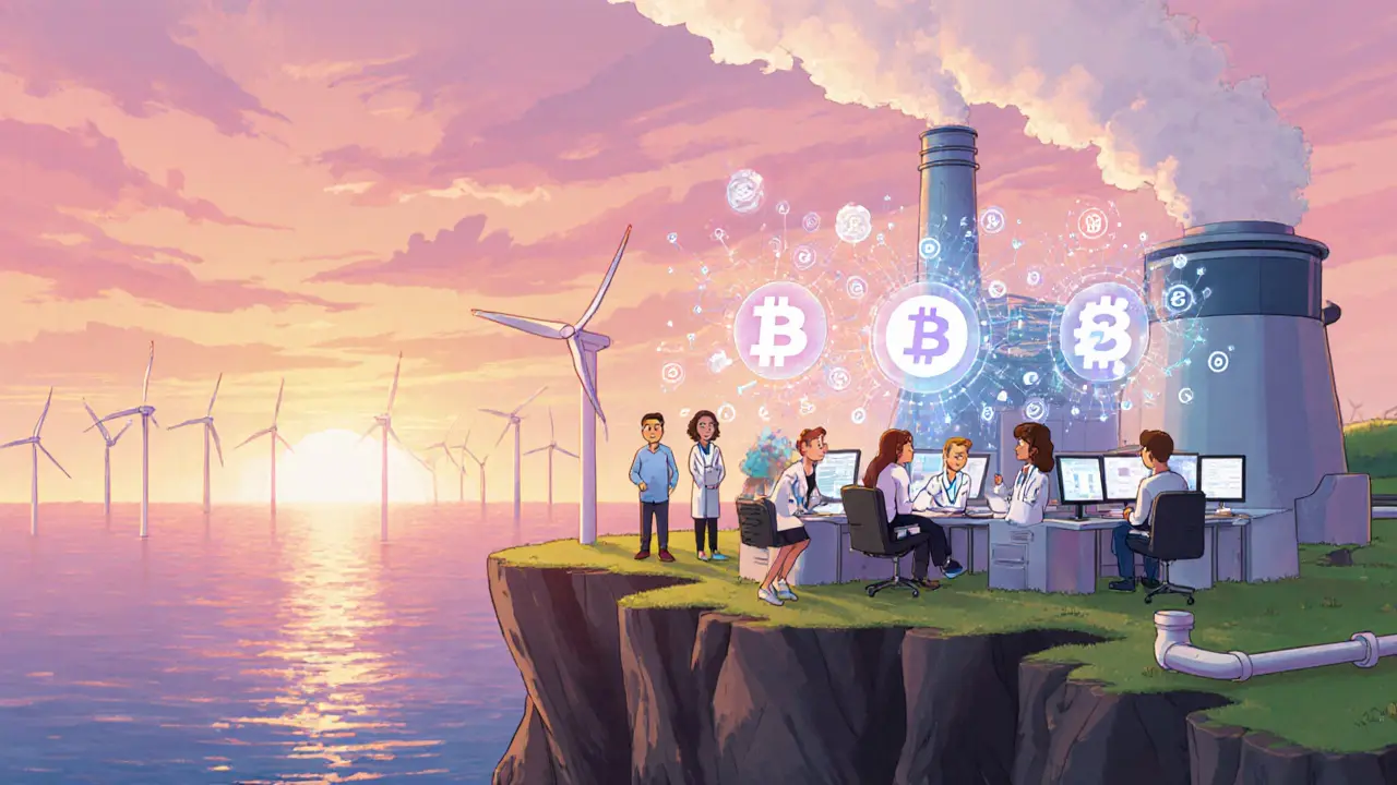 Future tech hub on Icelandic cliffs with scientists, blockchain holograms, and sustainable energy symbols.