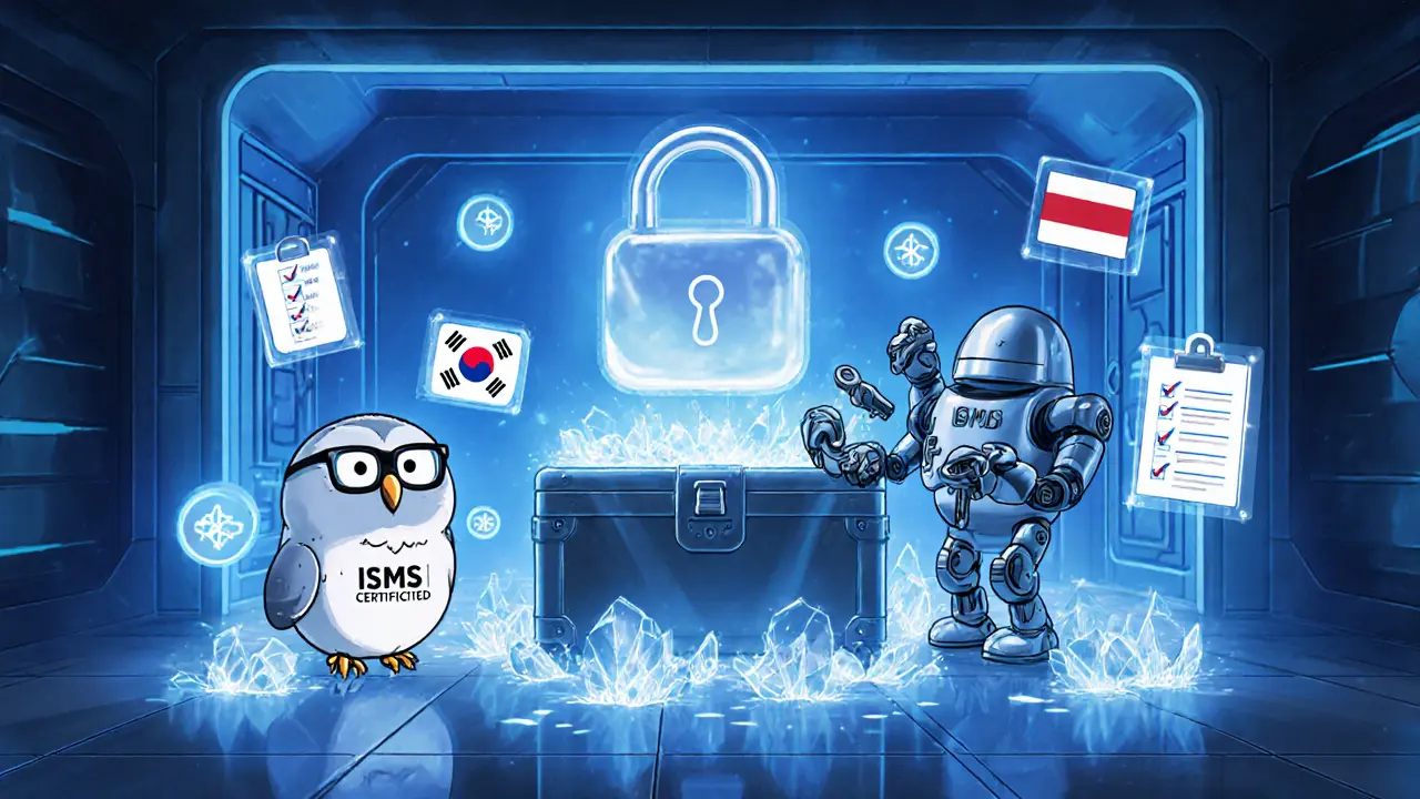 Futuristic vault with owl, multi‑armed robot, and cold‑storage chest showing security.
