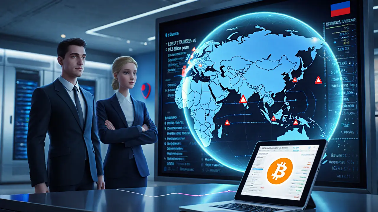 High‑tech office showing executives, holographic globe, and CryptoTrack dashboard.