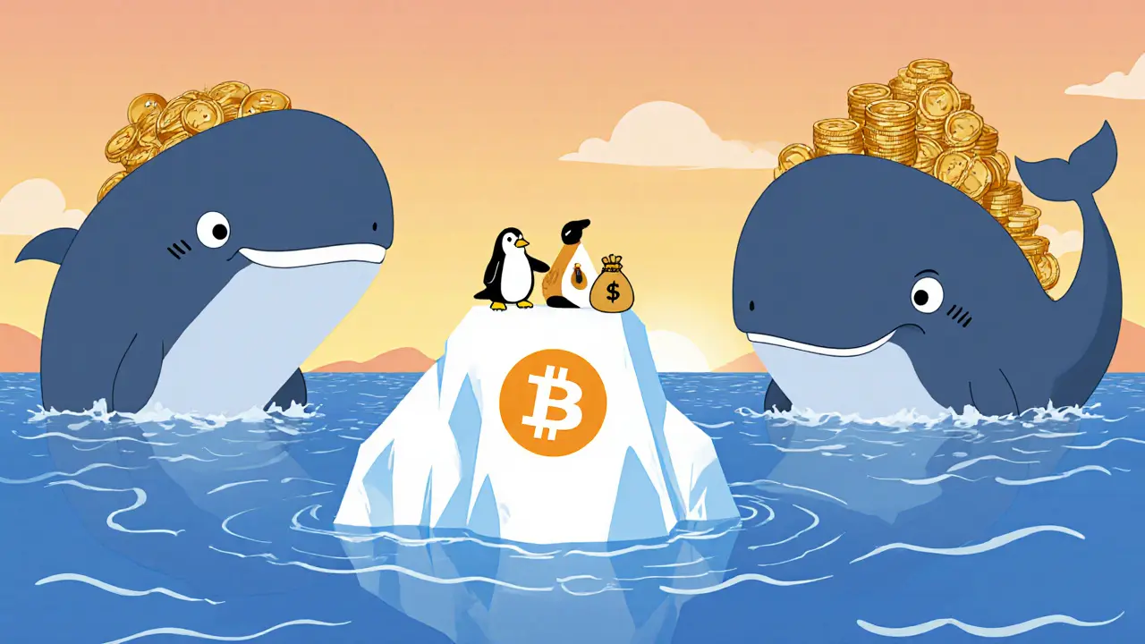 Penguin on a small iceberg beside large whale exchanges in a sunrise ocean.